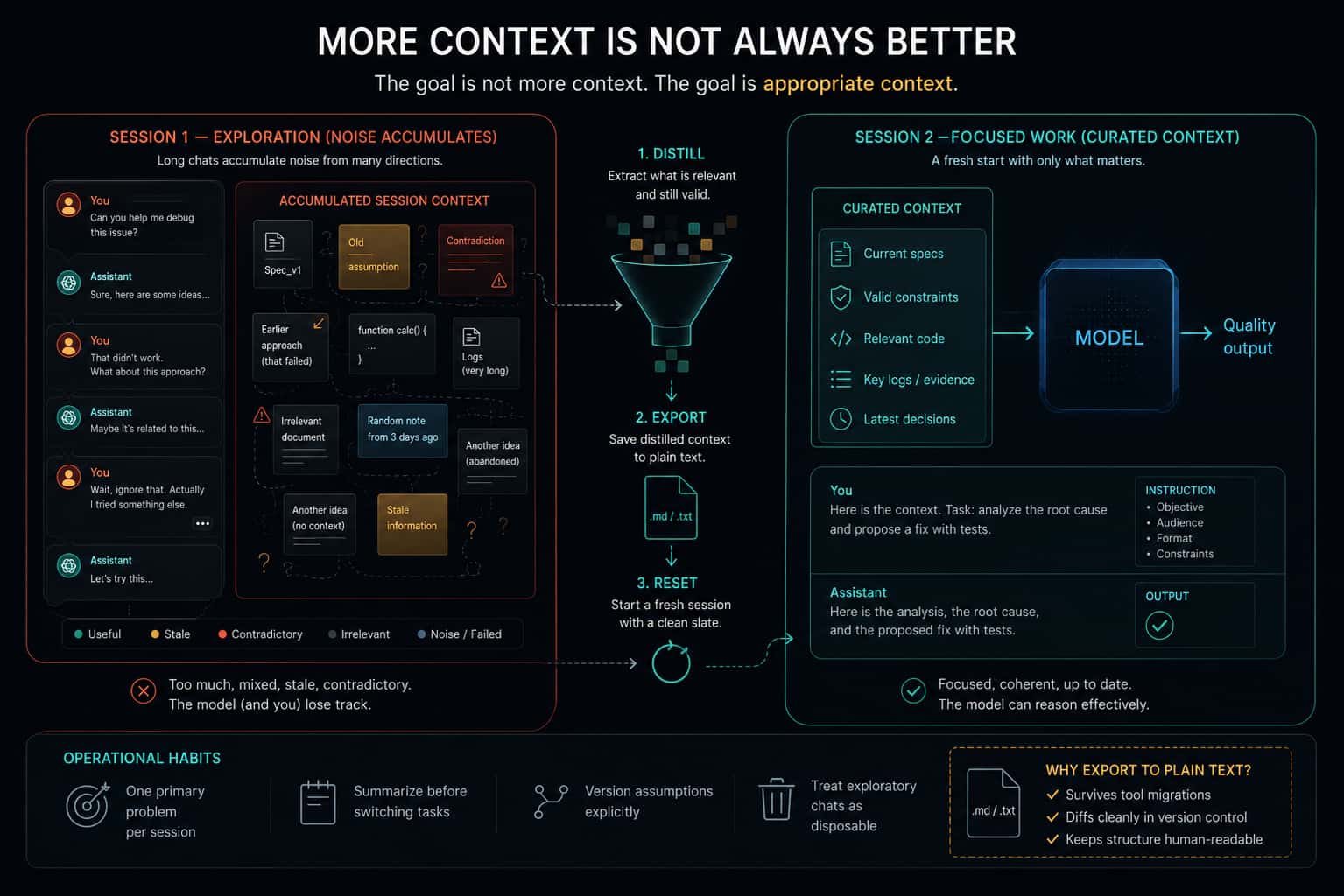 Session 1 accumulates noisy, contradictory context; after distill, export, and reset, Session 2 works from curated context into a focused model output.